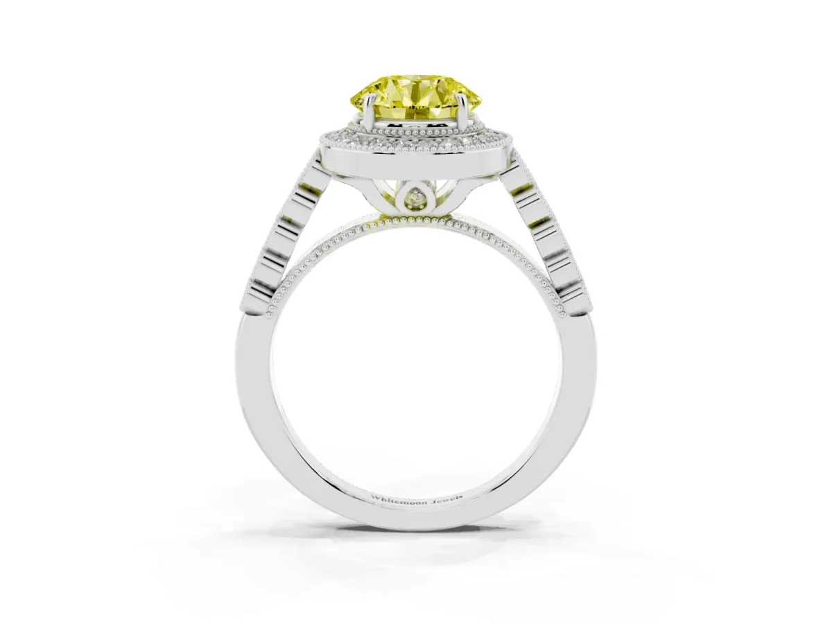 Fancy Yellow Round Cut Halo Milgrain Solitaire with Bezel Set Side Stones and Pave Band Platinum