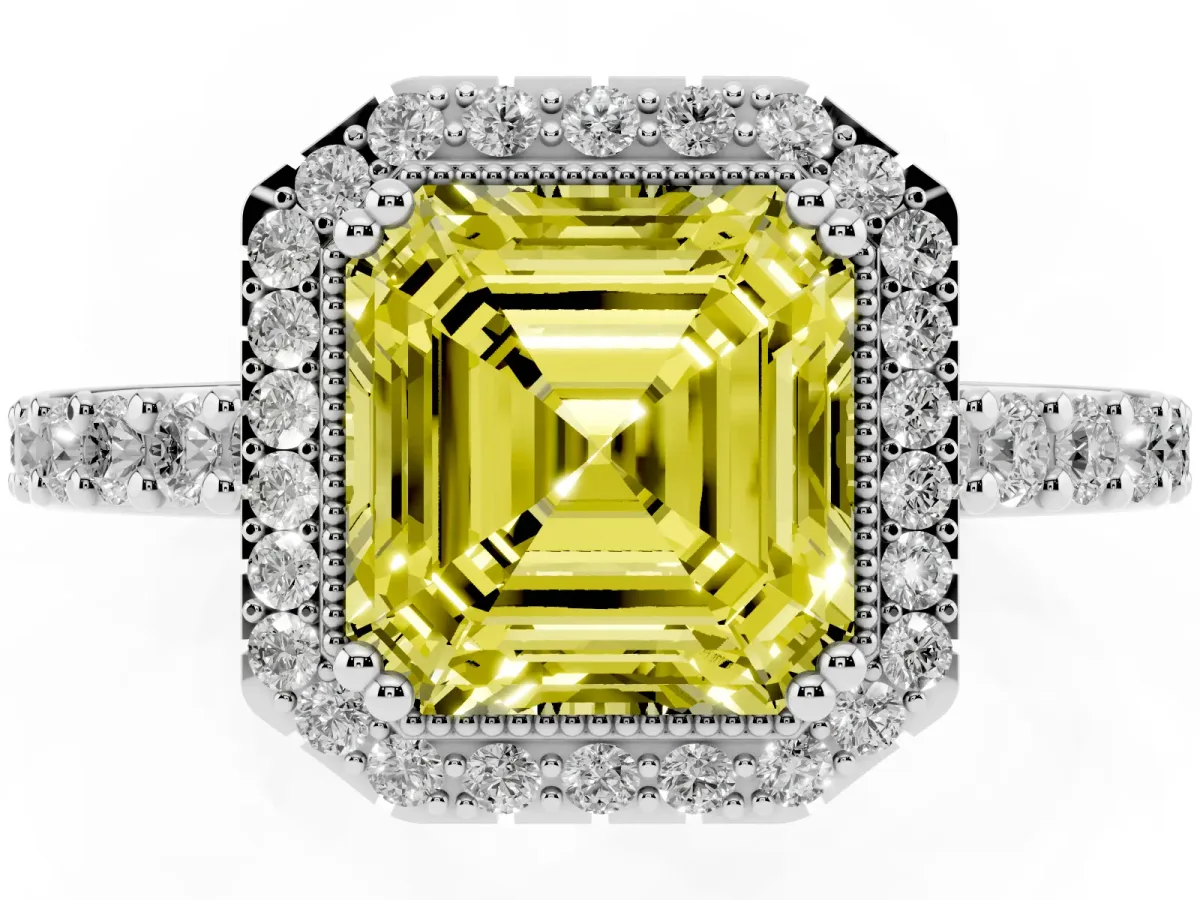 Fancy Yellow Asscher Cut Cut Diamond Halo Engagement Ring with Milgrain Detail and Pavé Band Platinum