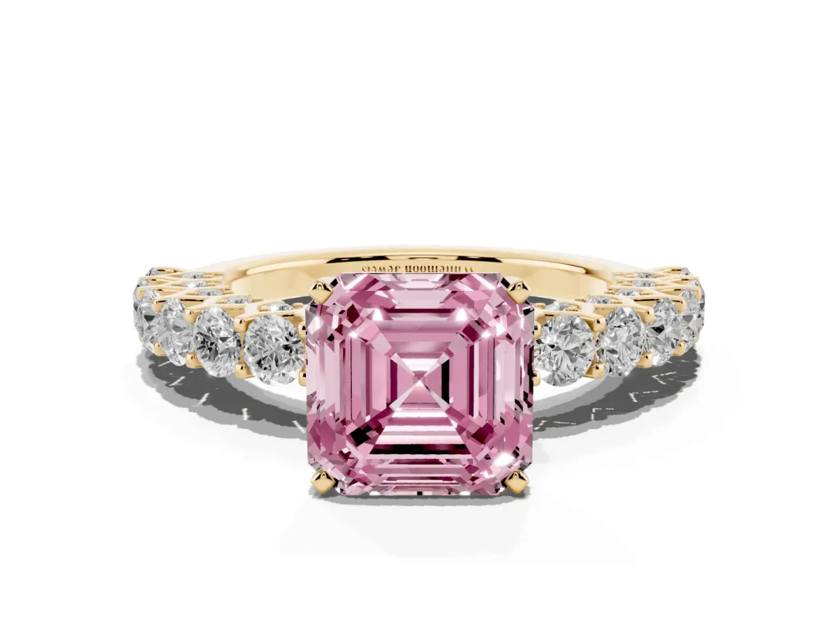 Fancy Pink Asscher Cut Diamond Solitaire Ring with Shared Prong Pavé Band and Four-Prong Setting Yellow gold