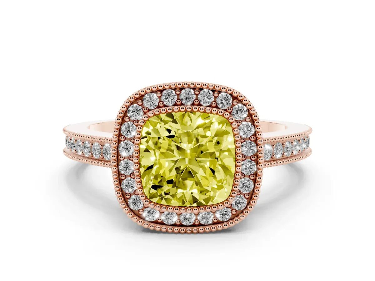 Fancy Yellow Cushion Cut Cut Halo Diamond Ring with Pavé Band and Milgrain Prong Setting Rose gold