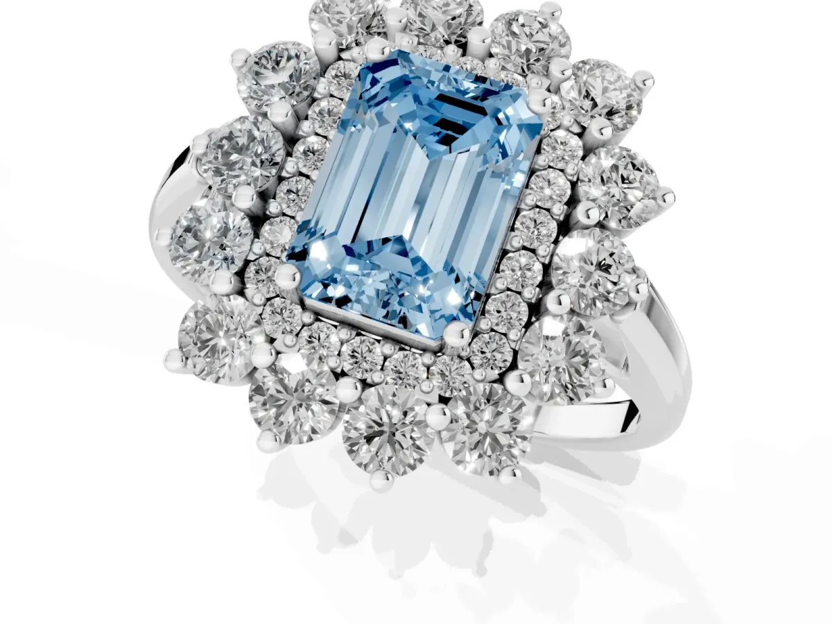 Fancy Blue Emerald Cut Diamond Floral Double Halo Engagement Ring with Prong Setting Silver