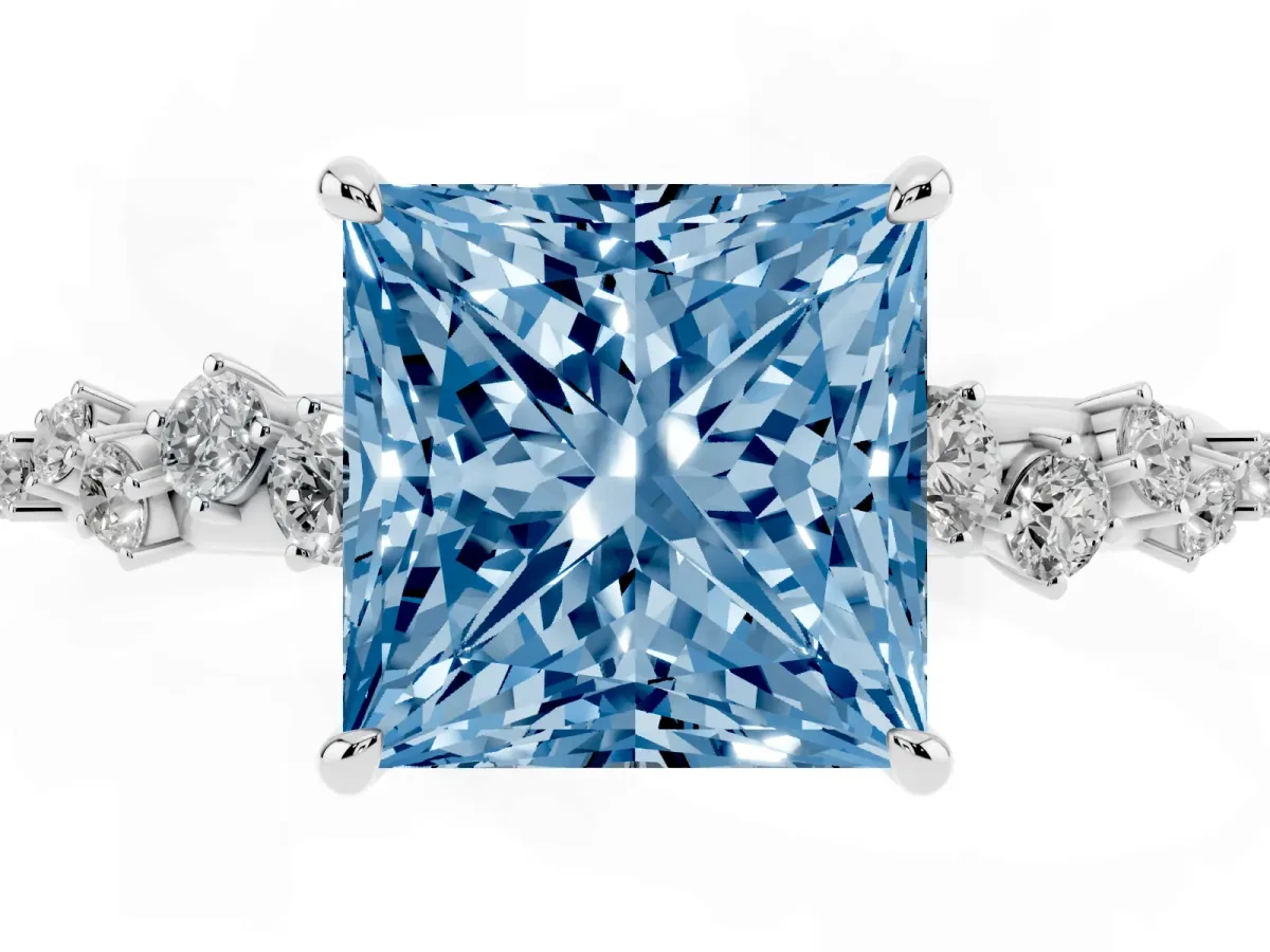 Fancy Blue Princess Cut Diamond Cluster Prong-Set Solitaire Ring Platinum