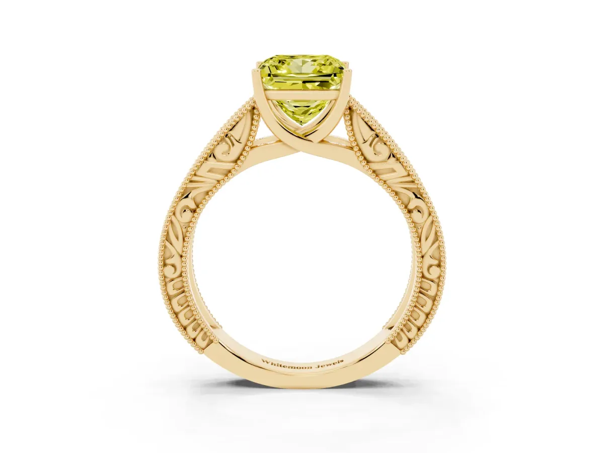 Fancy Yellow Princess Cut Diamond Solitaire Ring with Engraved Band and Four-Prong Setting Yellow gold