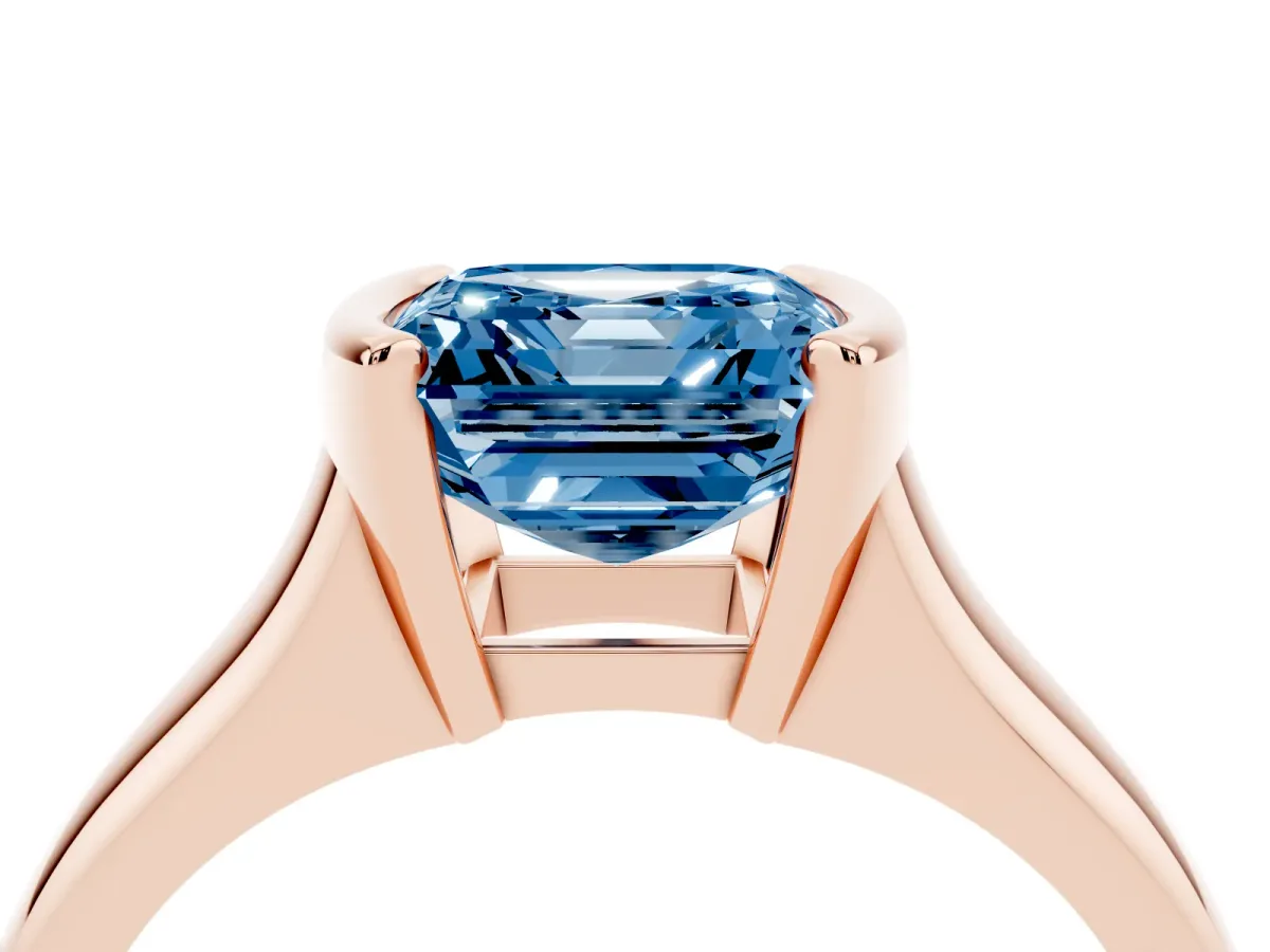 Fancy Blue Asscher Cut Solitaire Tension Set Diamond Ring with Split Shank Band Rose gold