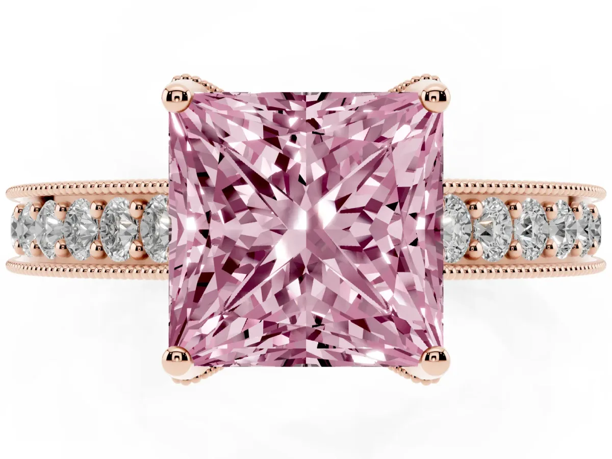 Fancy Pink Princess Cut Cut Diamond Solitaire Ring with Milgrain Pave Band and Four Prong Setting Rose gold