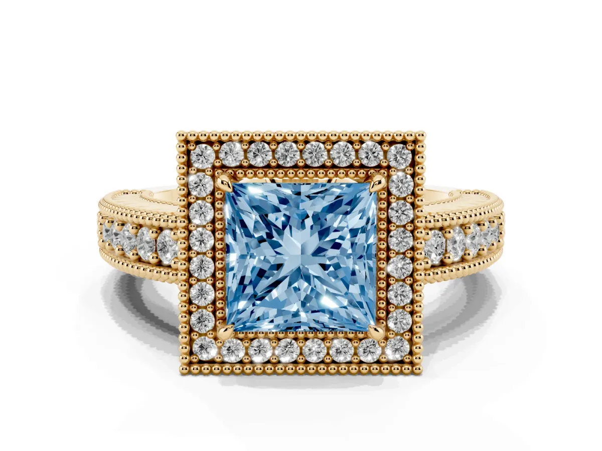 Fancy Blue Princess Cut Cut Halo Diamond Ring with Pavé Band and Four-Prong Setting Yellow gold