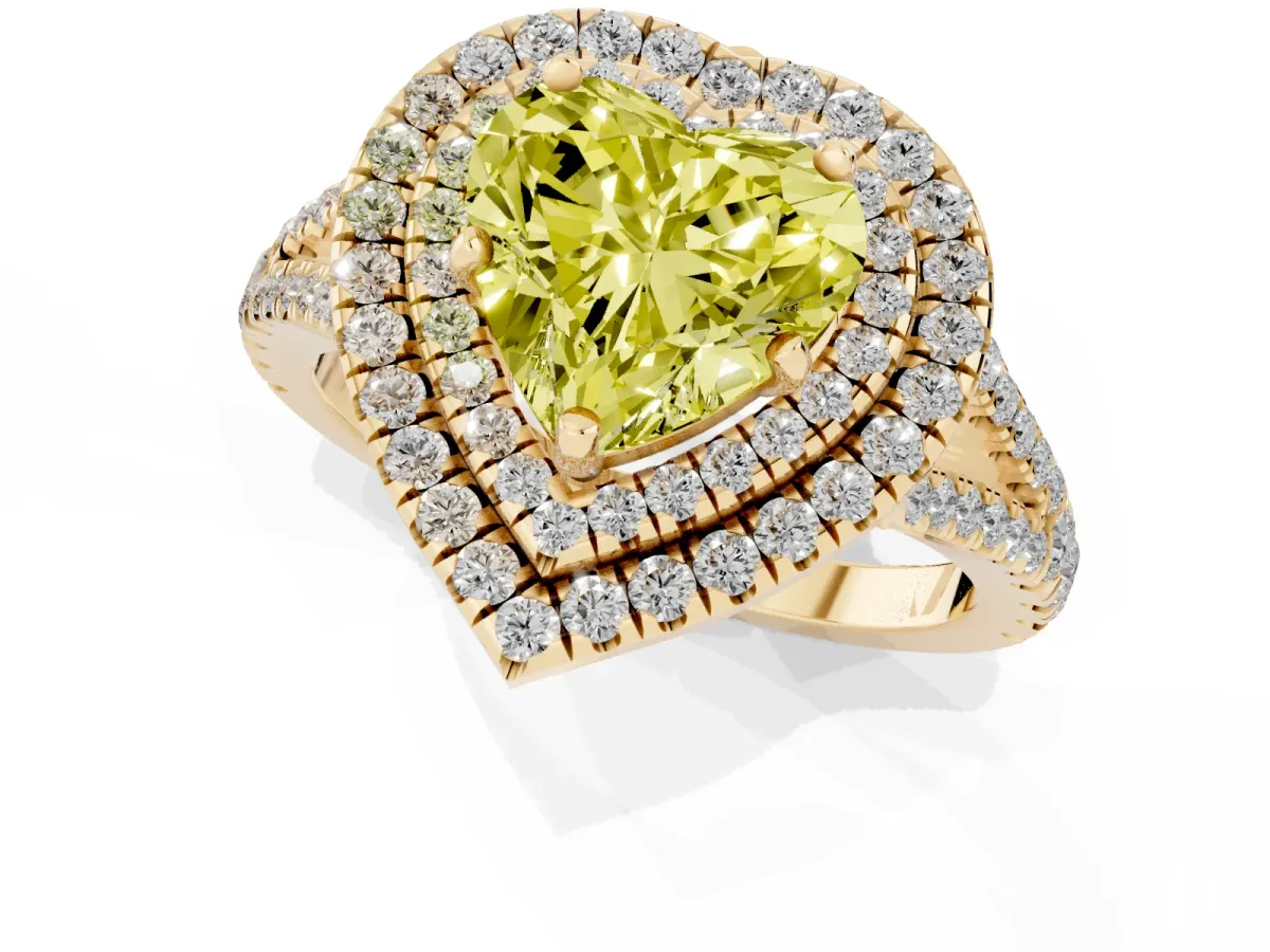 Fancy Yellow Heart Cut Diamond Double Halo Ring with Pavé Band and Prong Setting Yellow gold