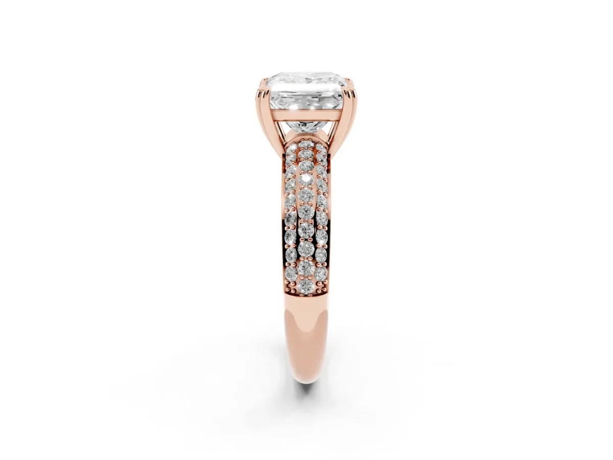 Princess Cut Diamond Solitaire Ring with Multi-Row Round Pavé Band and Prong Setting Rose gold