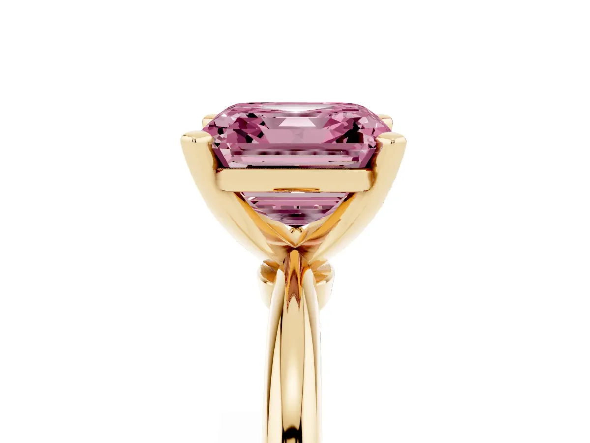 Fancy Pink Asscher Cut Diamond Solitaire Ring with Prong Setting and Classic Band Yellow gold
