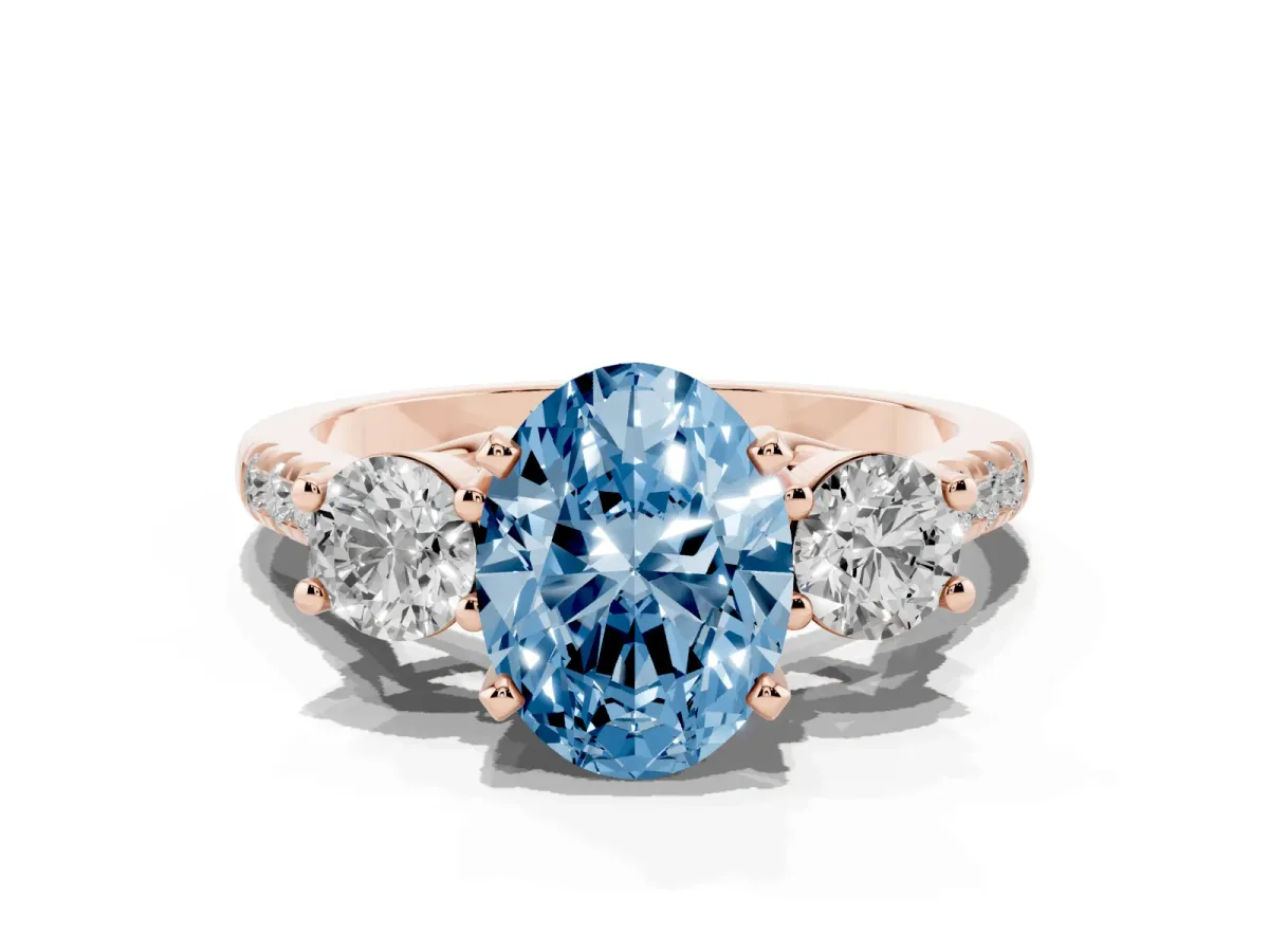 Fancy Blue Three-Stone Oval Cut Diamond Pavé Band with Four-Prong Setting Rose gold