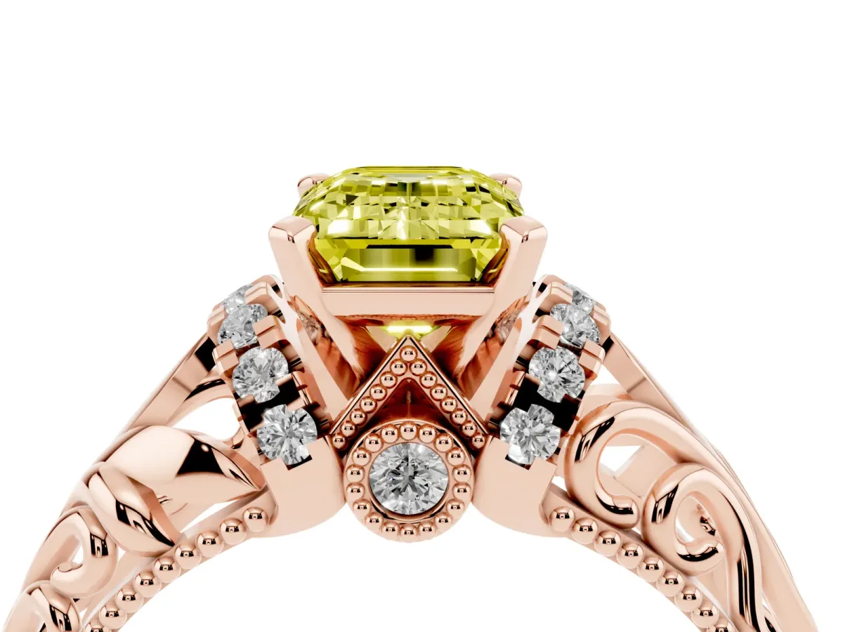 Fancy Yellow Emerald Cut Solitaire Filigree Engagement Ring with Halo and Prong Setting Rose gold