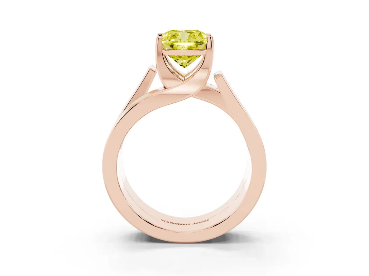 Fancy Yellow Modern Tension Set Cushion Cut Diamond Solitaire Wide Band Ring Rose gold