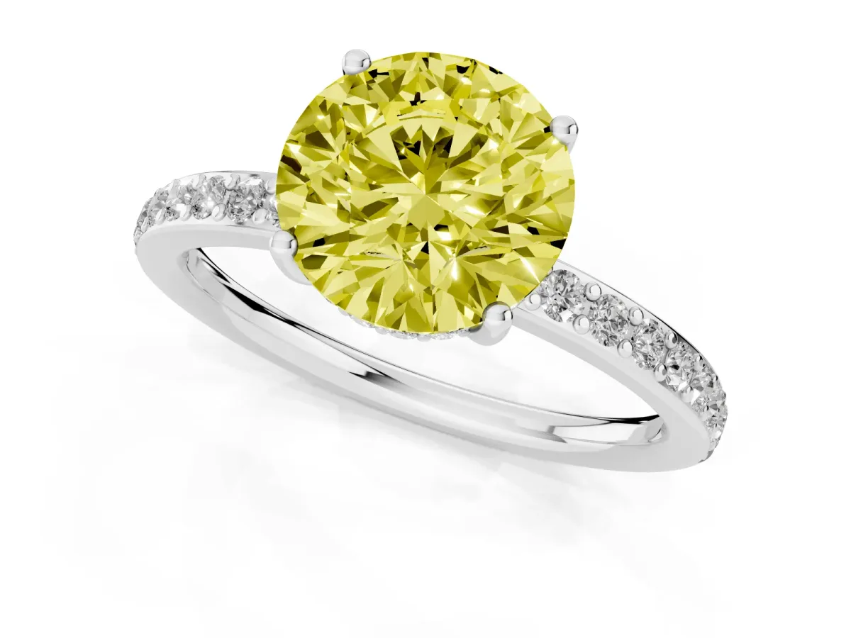 Fancy Yellow Round Cut Cut Diamond Pavé Band Ring with Four-Prong Setting Silver