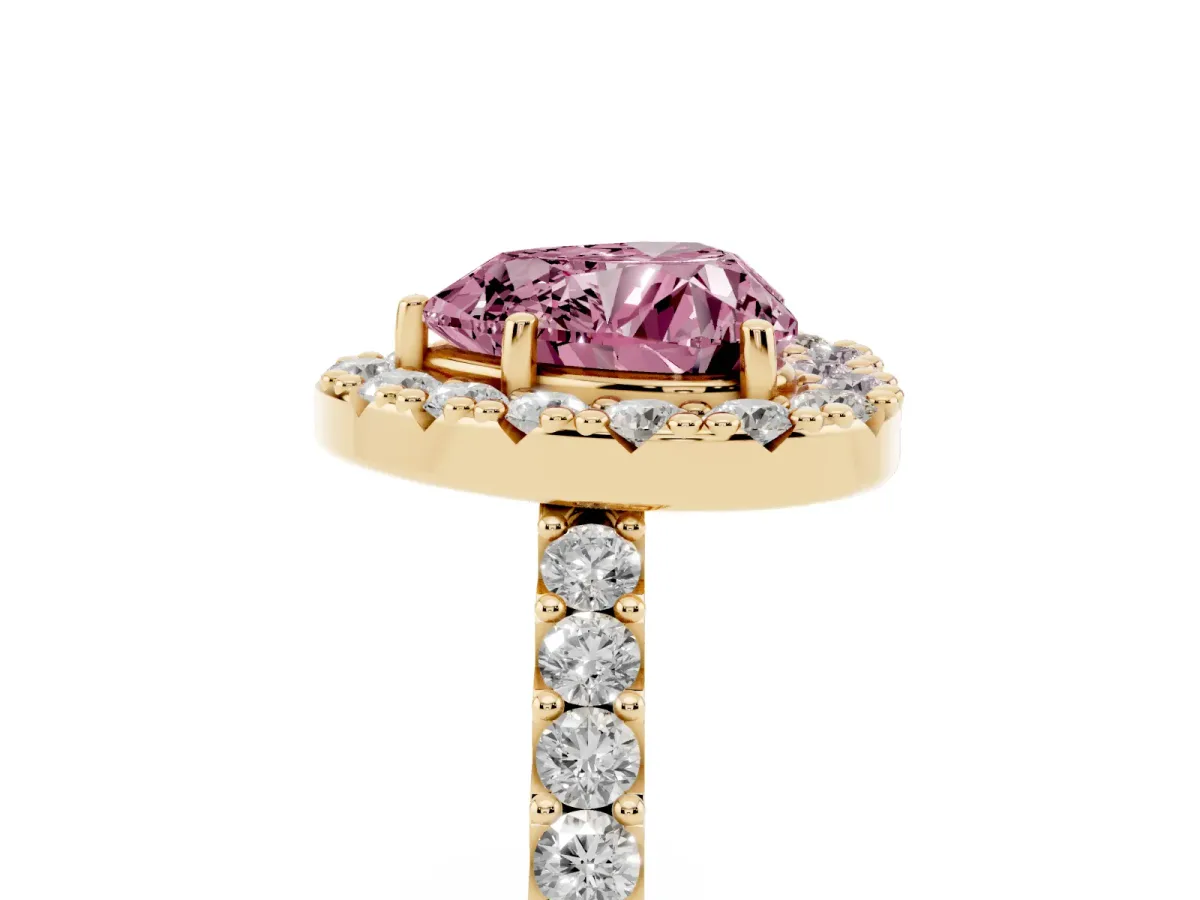 Fancy Pink Heart Cut Halo Diamond Pavé Solitaire Ring Yellow gold