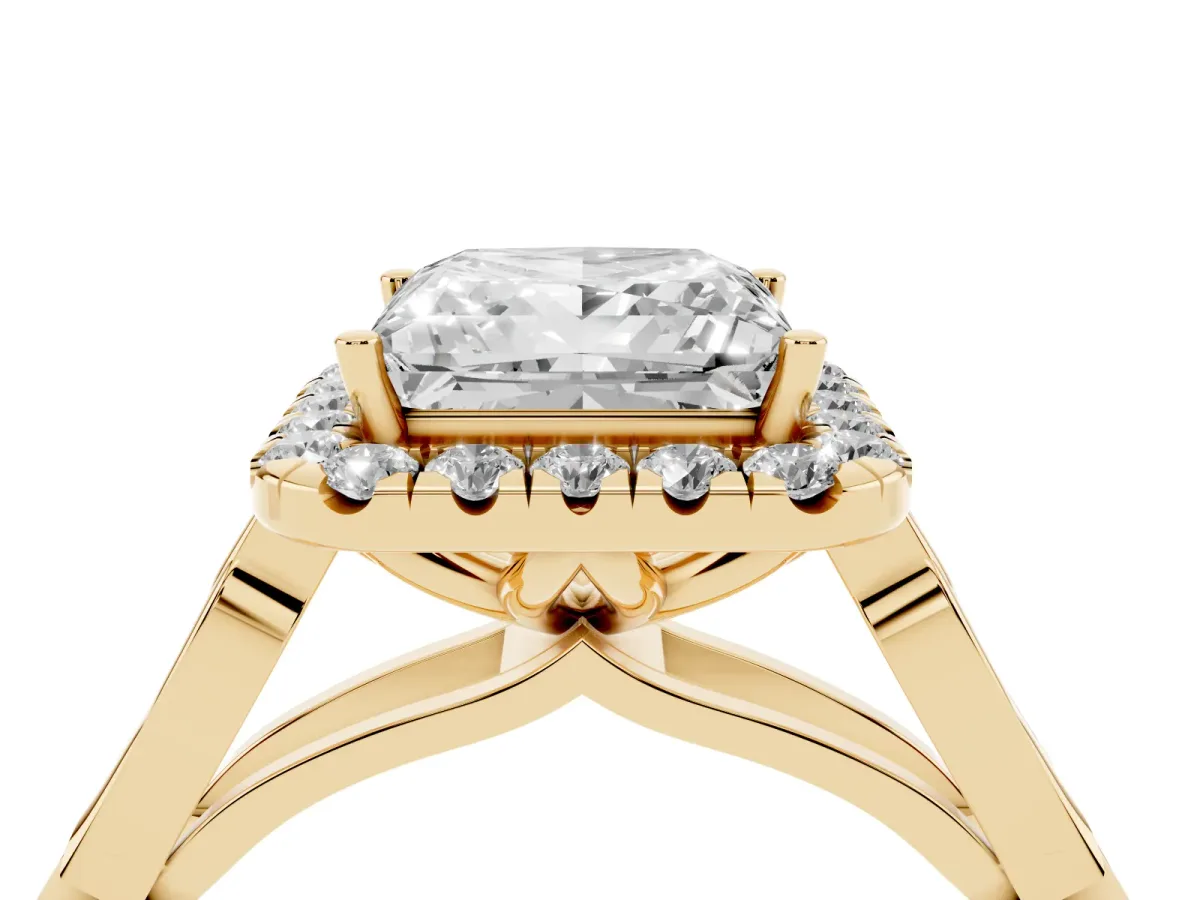 Princess Cut Halo Diamond Engagement Ring with Filigree Band and Four-Prong Setting Yellow gold