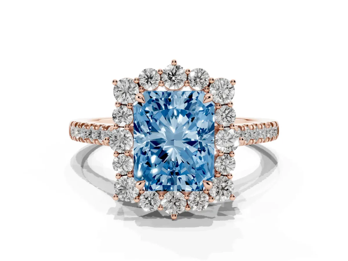 Fancy Blue Radiant Cut Halo Diamond Ring with Pavé Band and Prong Setting Rose gold