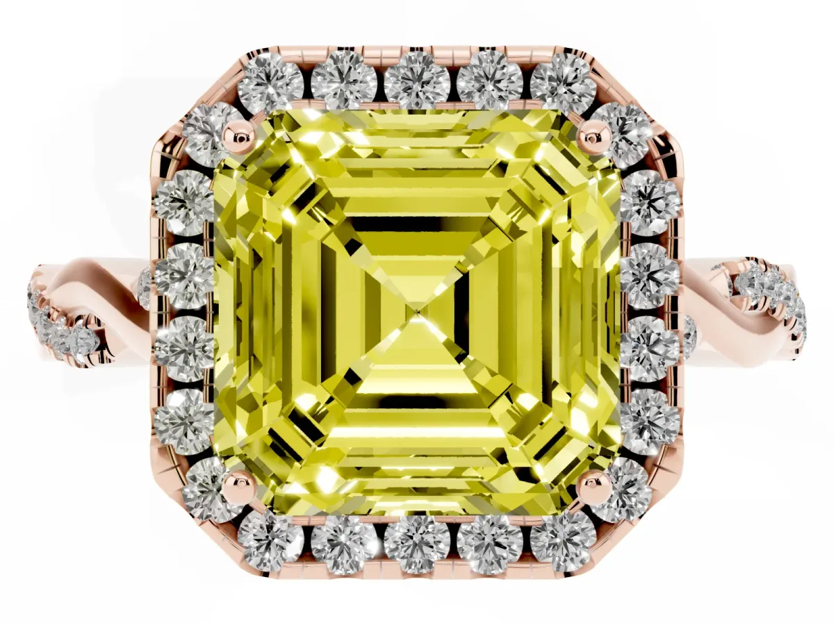Fancy Yellow Asscher Cut Halo Twist Band Solitaire Ring Rose gold