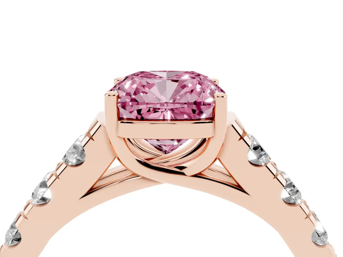 Fancy Pink Cushion Cut Cut Diamond Solitaire Ring with Micro Pave Band and Prong Setting Rose gold