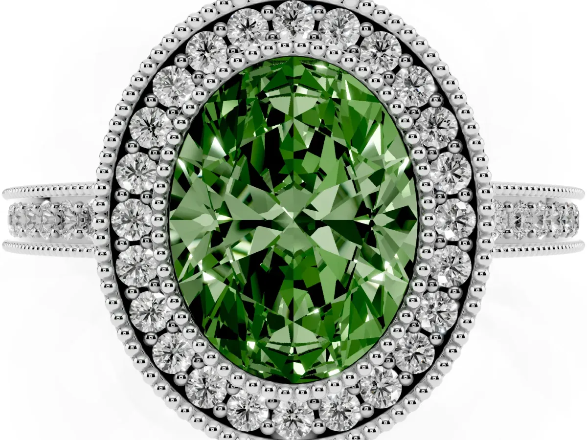Fancy Green Oval Cut Cut Halo Diamond Ring with Pavé Band and Milgrain Prong Setting Silver
