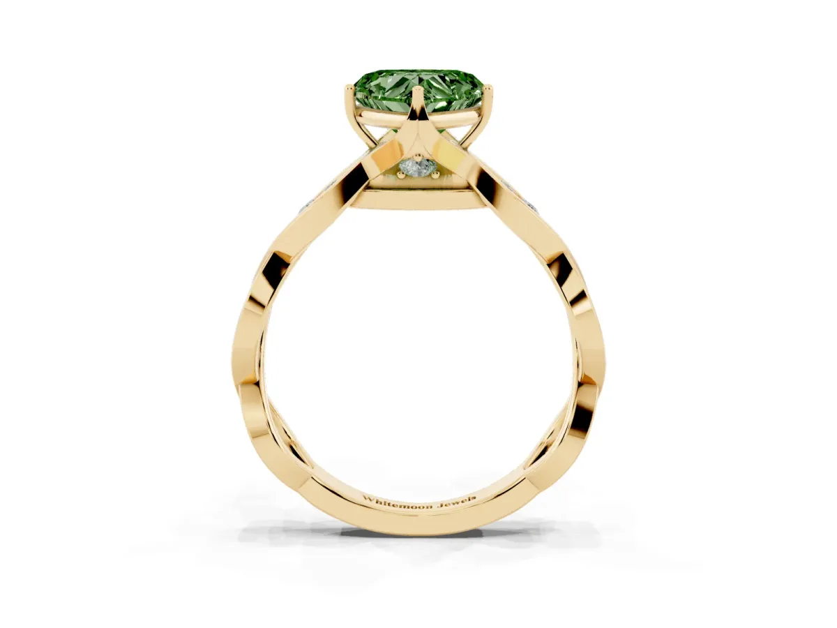 Fancy Green Heart Cut Solitaire Twist Band with Leaf Prong Setting Yellow gold
