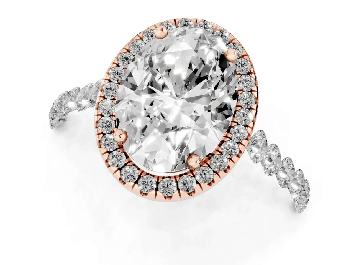Oval Cut Halo Pavé Diamond Engagement Ring with Four-Prong Setting Rose gold