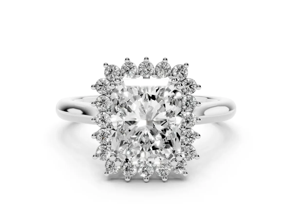 Radiant Cut Cut Diamond Halo Ring with Solitaire Band and Prong Setting White gold