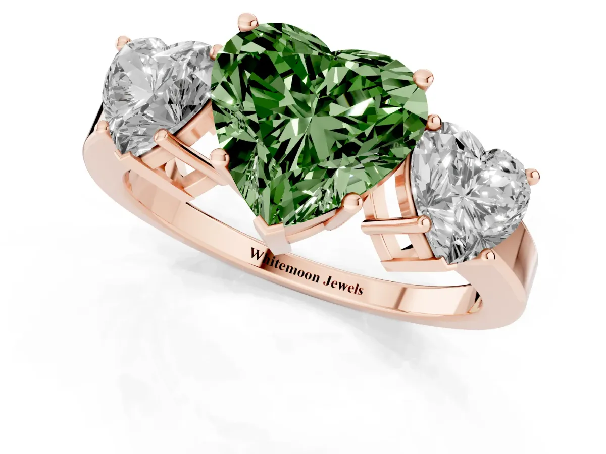 Fancy Green Three-Stone Heart Cut Cut Diamond Engagement Ring with Flat Band and Four-Prong Setting Rose gold