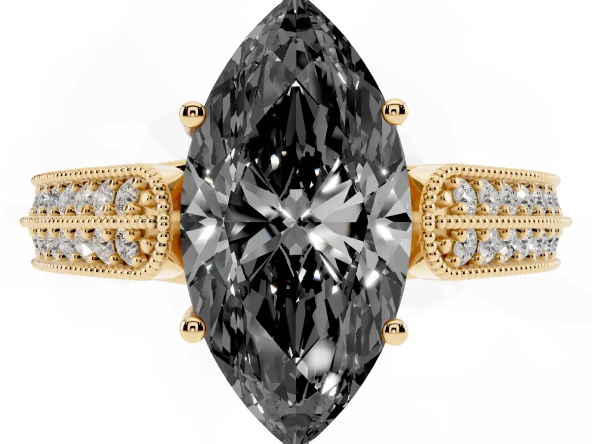 Fancy Black Marquise Cut Cut Pave Split Shank Engagement Ring with Four-Prong Setting Yellow gold