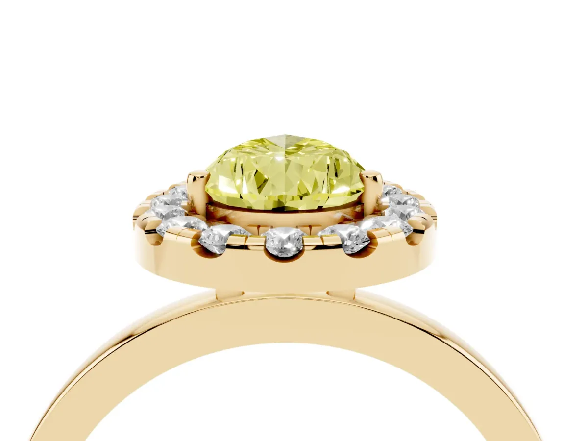 Fancy Yellow Pear Cut Halo Diamond Solitaire with Pavé Band and Four-Prong Setting Yellow gold