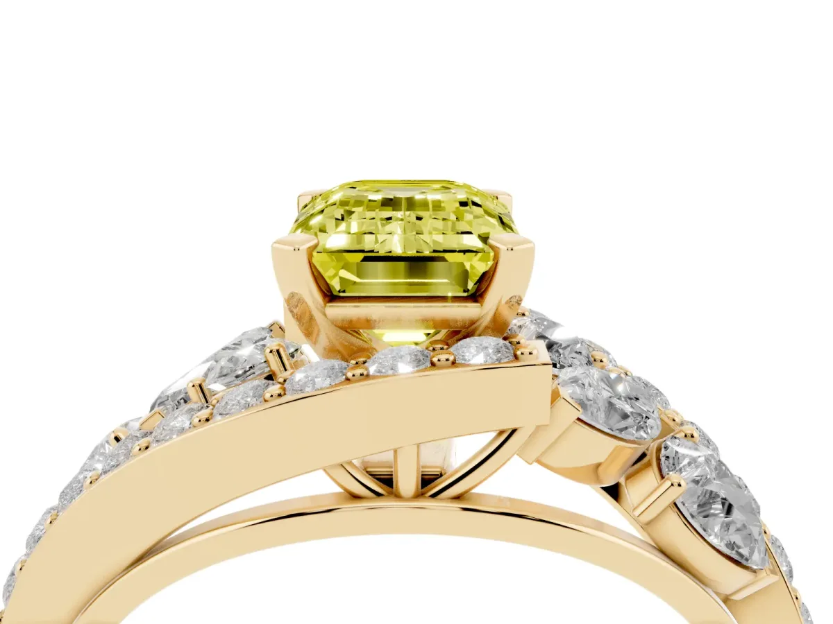 Fancy Yellow Emerald Cut Diamond Halo Ring with Marquise and Pavé Band in Prong Setting Yellow gold