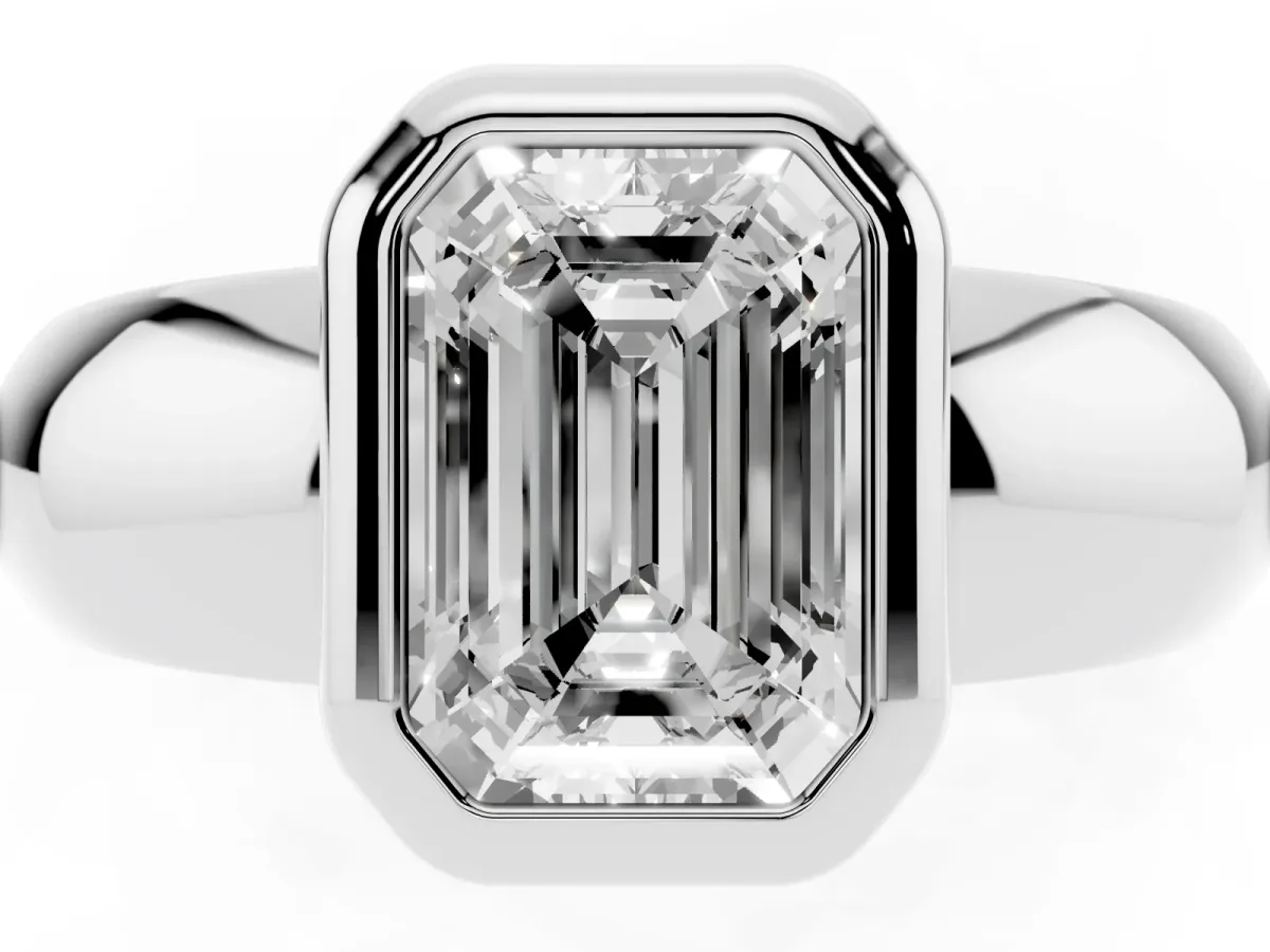 Bezel Set Emerald Cut Solitaire Ring with Wide Band Silver