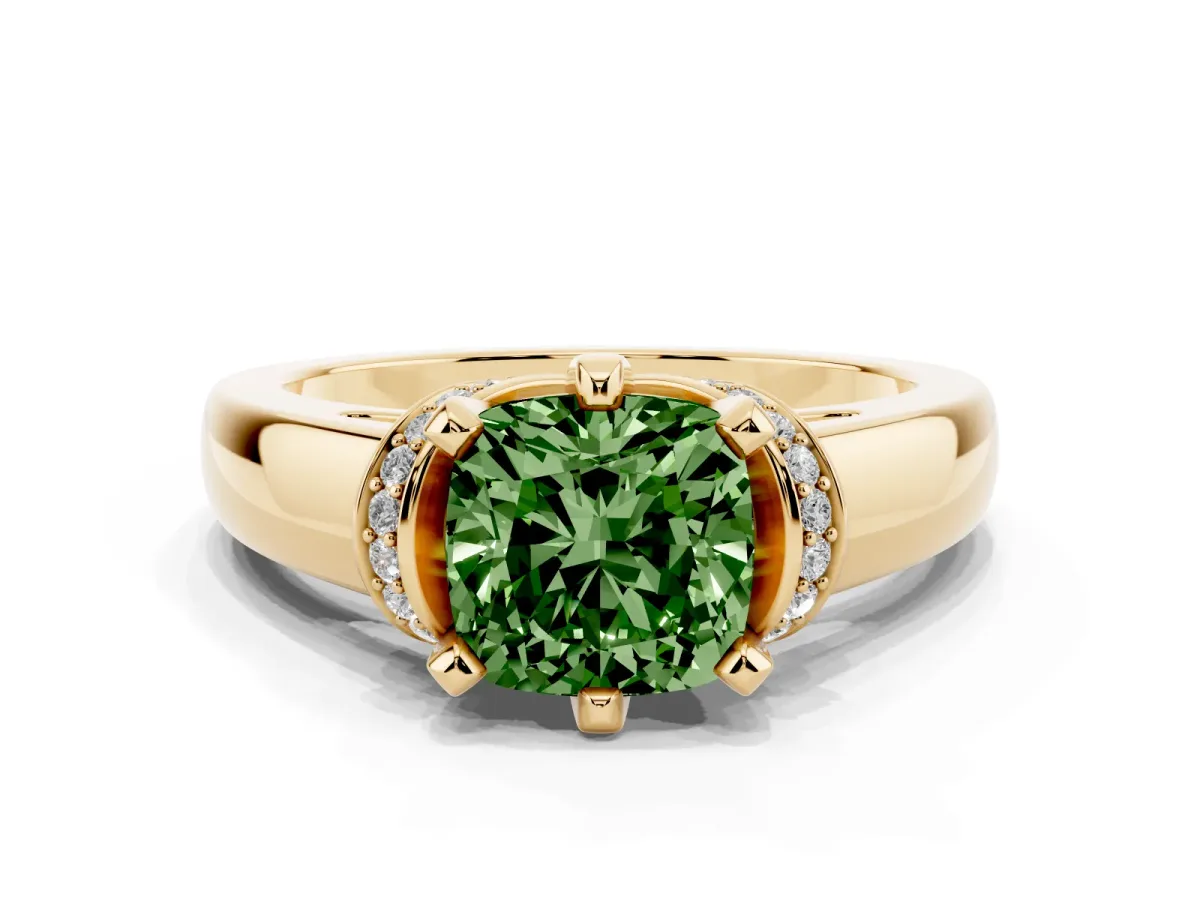 Fancy Green Cushion Cut Solitaire Diamond Ring with Pave Band and Six-Prong Setting Yellow gold
