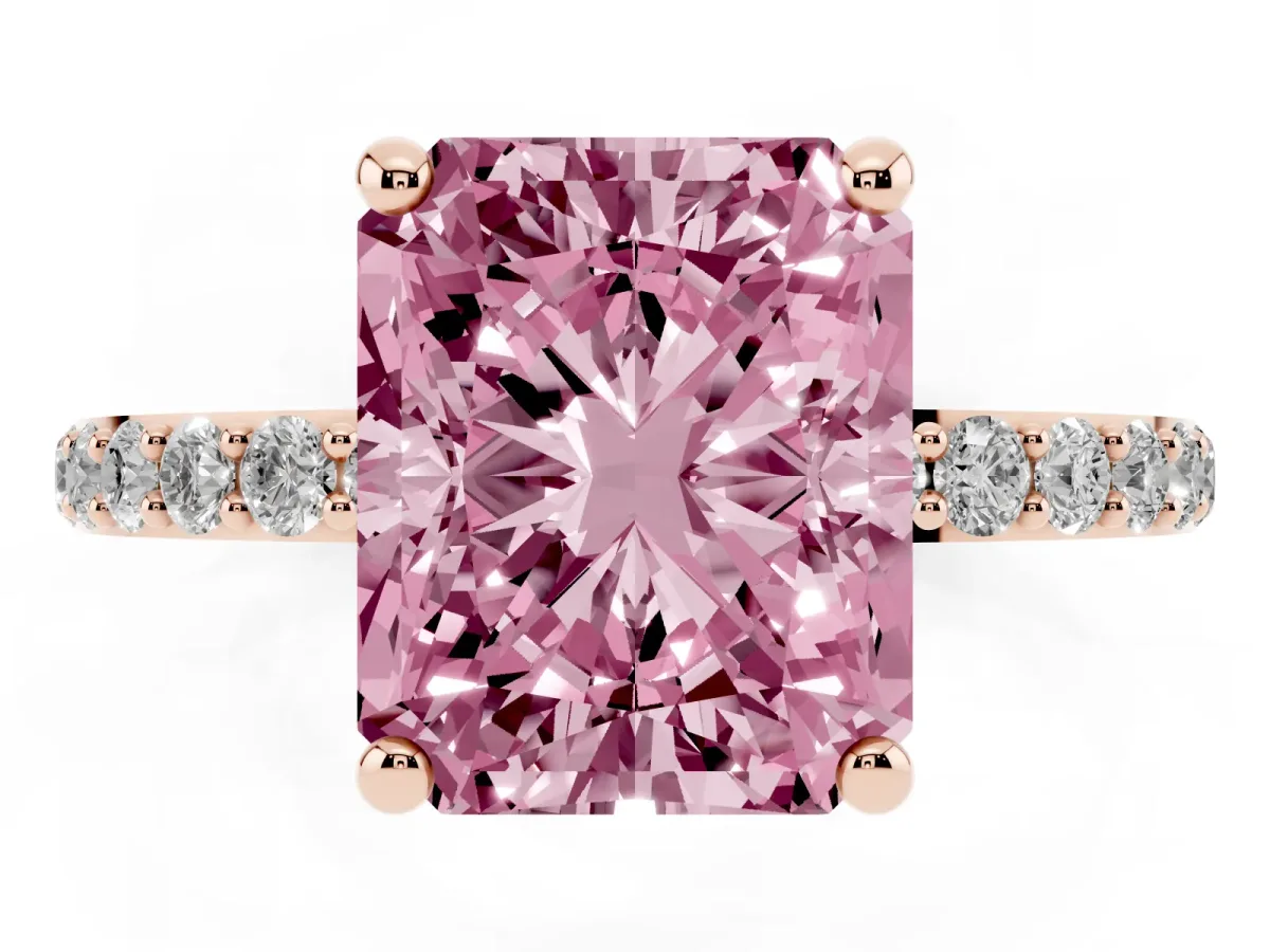 Fancy Pink Radiant Cut Diamond Solitaire Ring with Round Pavé Band and Prong Setting Rose gold