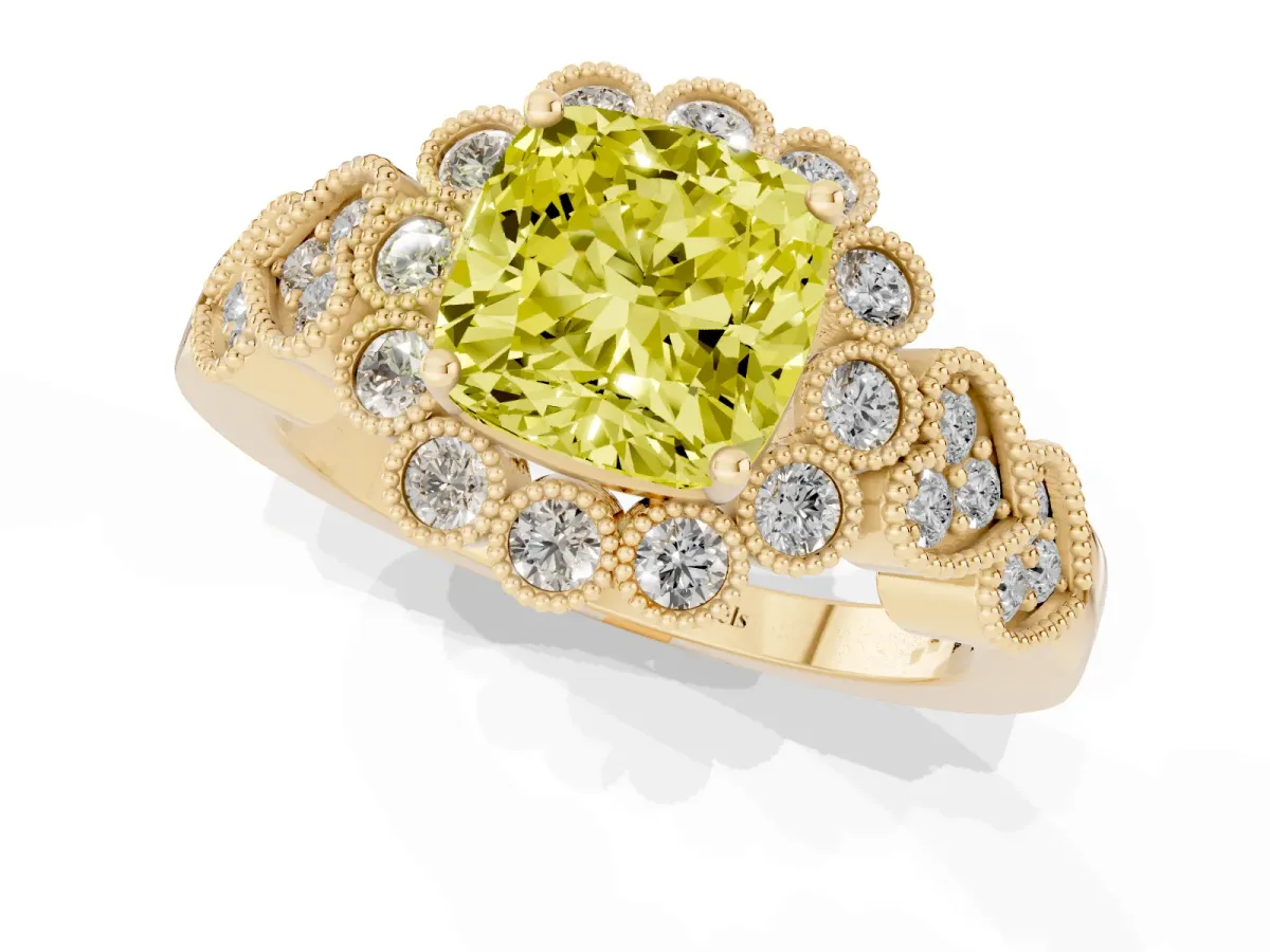 Fancy Yellow Cushion Cut Brilliant Milgrain Pave Heart Band Solitaire Ring Yellow gold