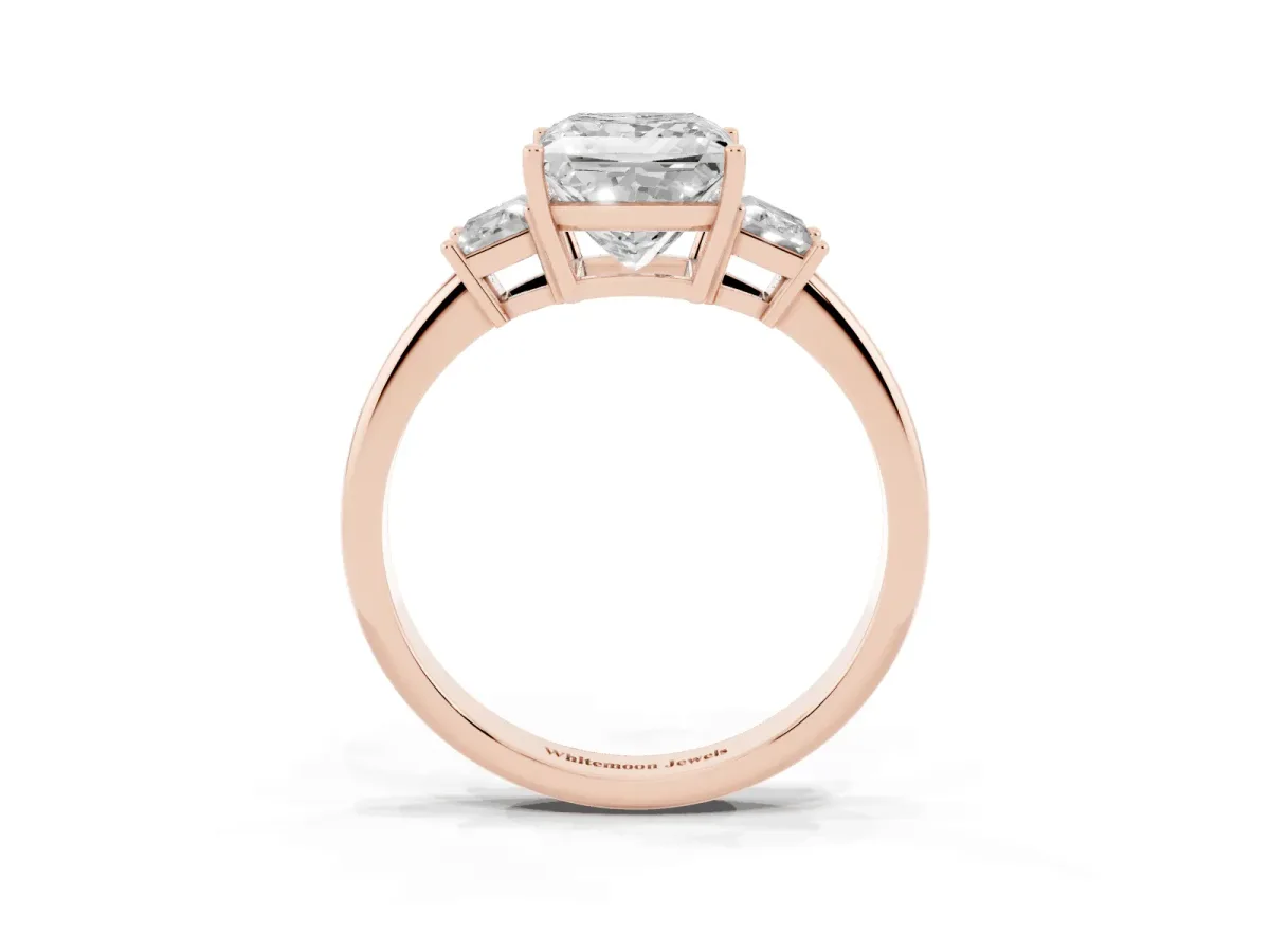 Princess Cut Diamond Three-Stone Ring with Trapezoid Side Stones and Prong Setting Rose gold