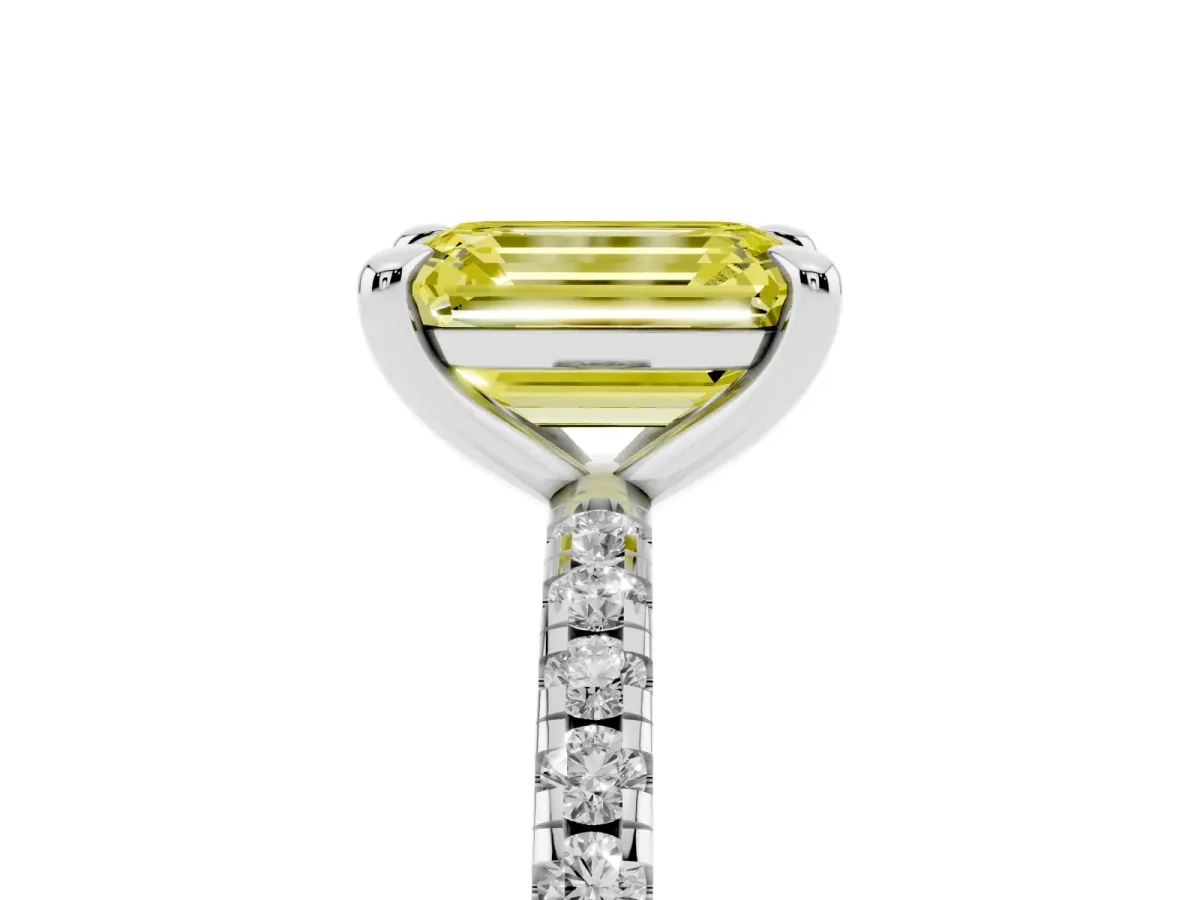 Fancy Yellow Emerald Cut Diamond Brilliant Solitaire Ring with Pavé Band and Four-Prong Setting White gold