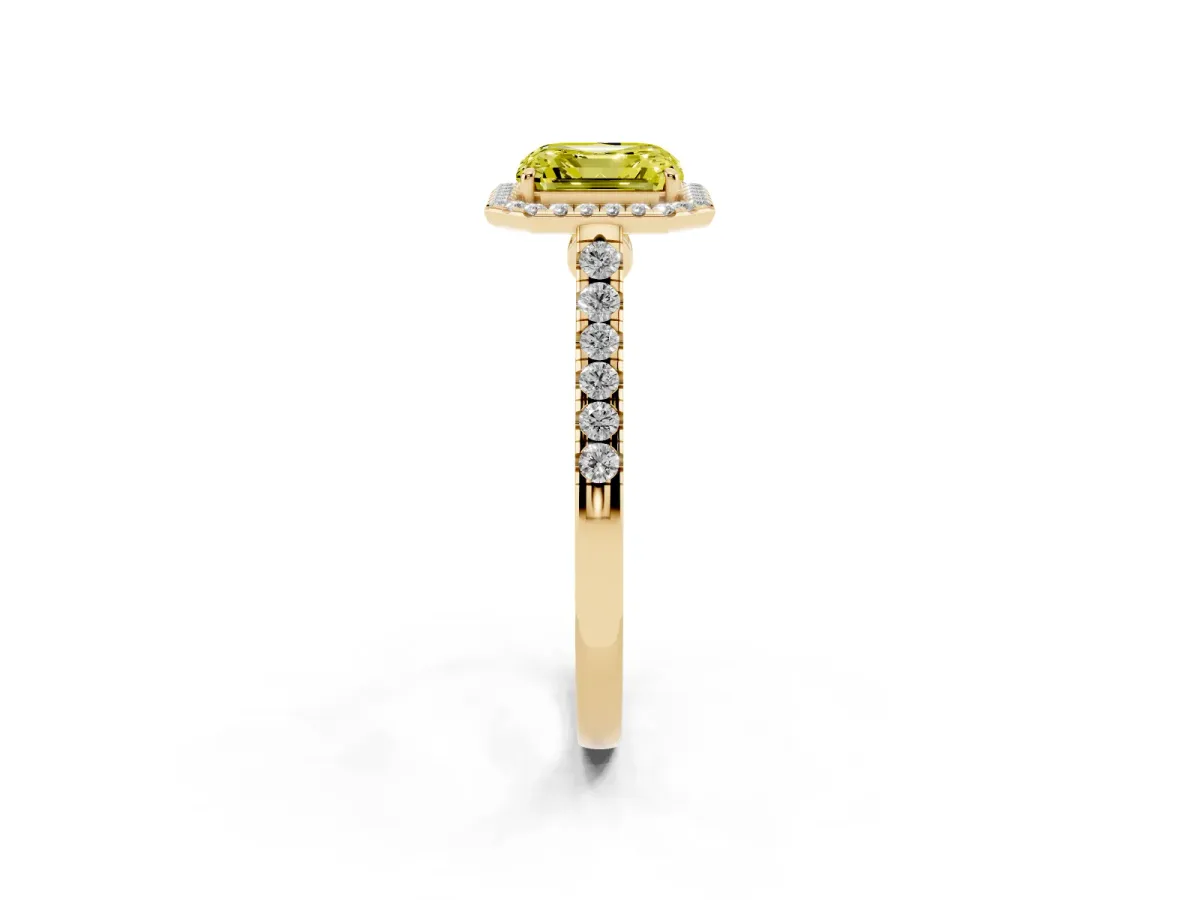 Fancy Yellow Asscher Cut Halo Pave Diamond Engagement Ring with Four-Prong Setting Yellow gold