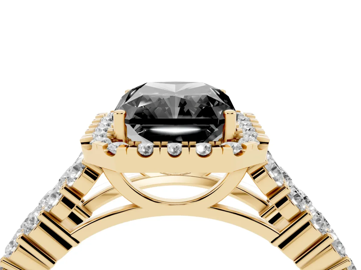 Fancy Black Radiant Cut Diamond Halo Engagement Ring with Triple Row Round Pavé Band and Prong Setting Yellow gold