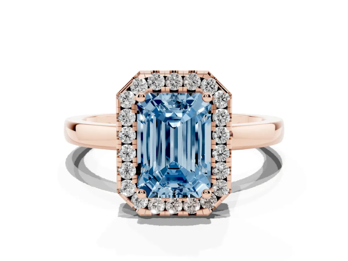 Fancy Blue Emerald Cut Halo Diamond Solitaire with Pavé Band and Four-Prong Setting Rose gold