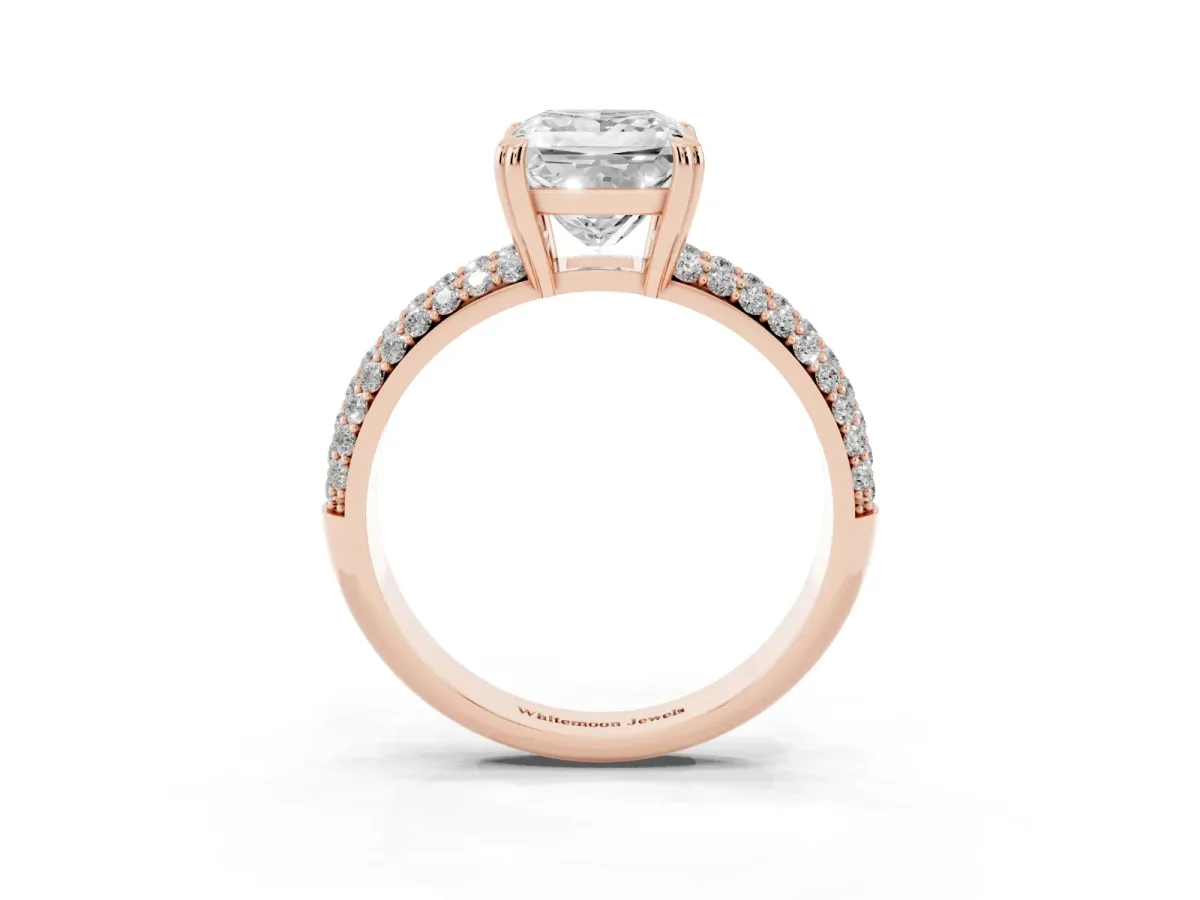 Princess Cut Diamond Solitaire Ring with Multi-Row Round Pavé Band and Prong Setting Rose gold
