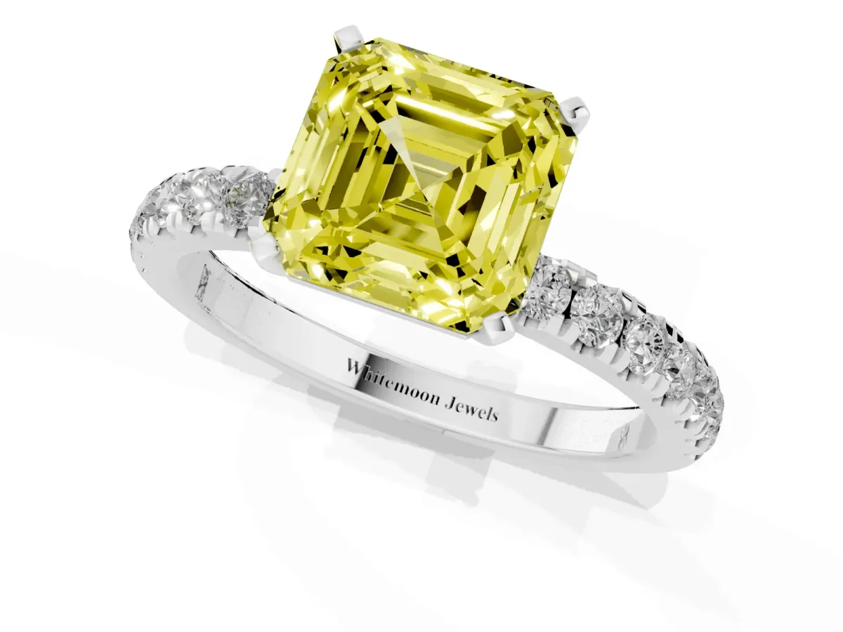 Fancy Yellow Asscher Cut Diamond Solitaire Ring with Pavé Accents and Four-Prong Setting Silver