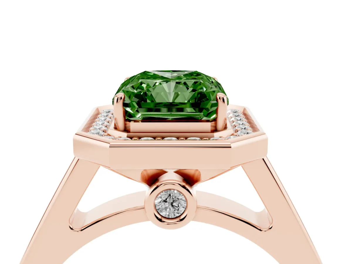 Fancy Green Emerald Cut Halo Solitaire Diamond Ring with Pave Band and Bezel Setting Rose gold