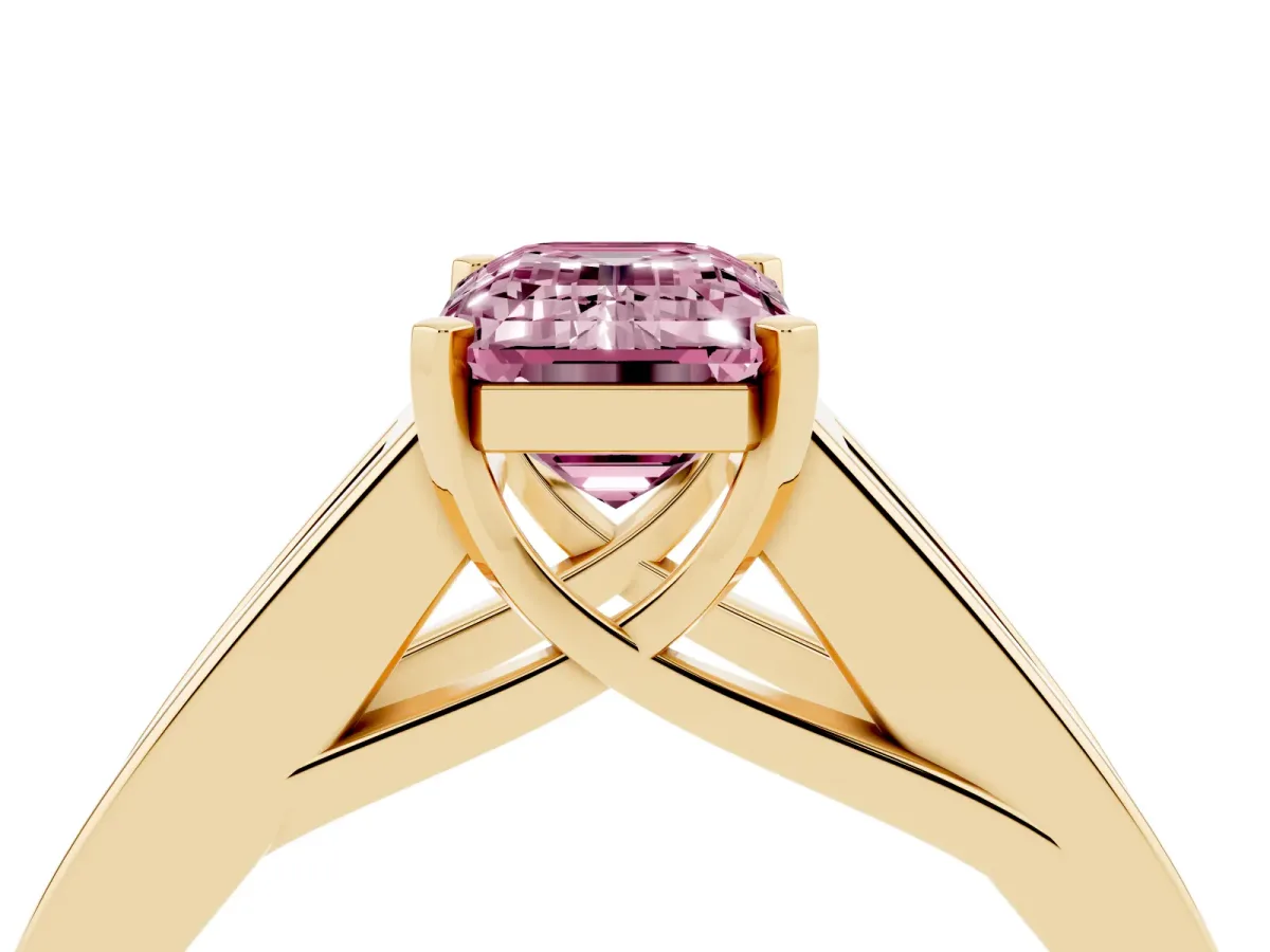 Fancy Pink Emerald Cut Cut Channel Set Solitaire Ring with Four-Prong Setting Yellow gold