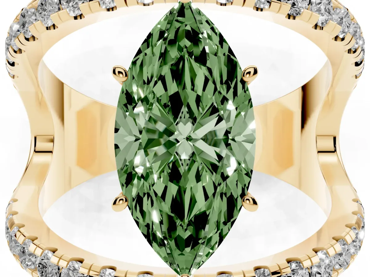 Fancy Green Marquise Cut Solitaire Split Shank Pave Diamond Ring Yellow gold