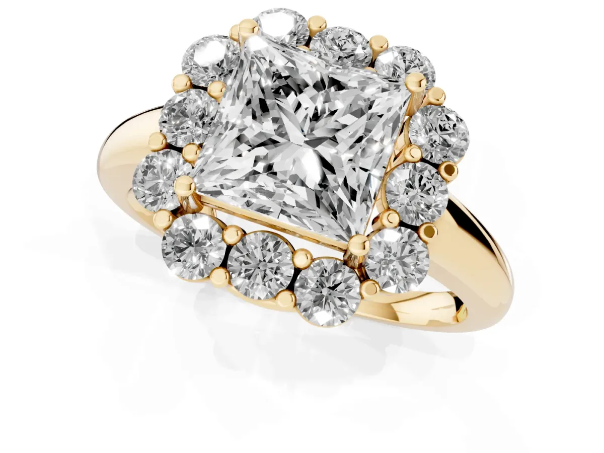 Princess Cut Halo Milgrain Solitaire with Bezel Set Side Stones and Pave Band Yellow gold