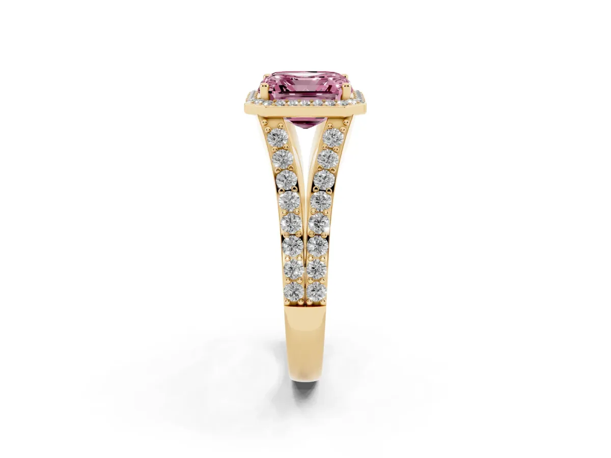 Fancy Pink Asscher Cut Diamond Split Shank Halo Ring with Four-Prong Setting Yellow gold