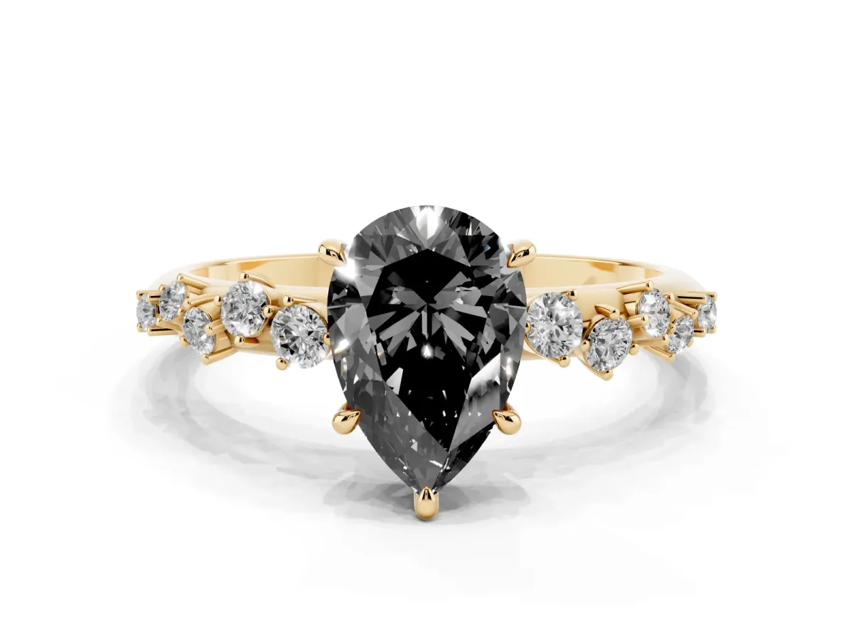 Fancy Black Pear Cut Diamond Cluster Side Stone Solitaire Ring with Prong Setting Yellow gold