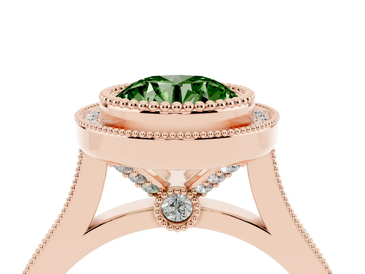 Fancy Green Round Cut Diamond Halo Ring with Milgrain Frame and Pavé Band Rose gold