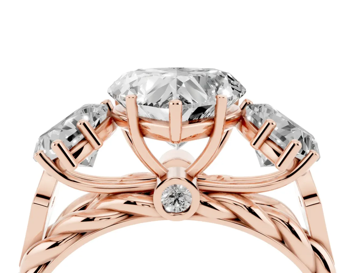 Three-Stone Heart Cut Diamond Braided Band Ring with Four-Prong Setting Rose gold