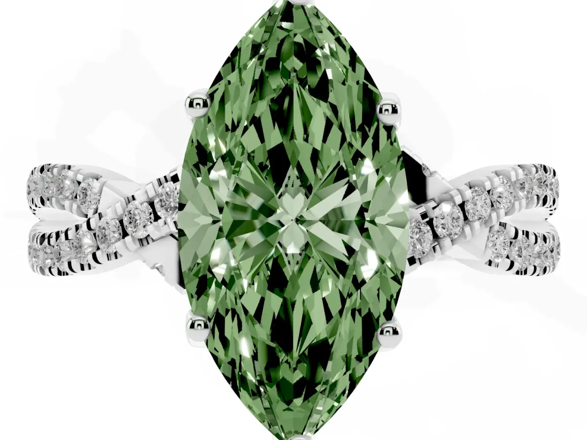 Fancy Green Marquise Cut Solitaire Twist Pave Diamond Engagement Ring with Prong Setting Silver